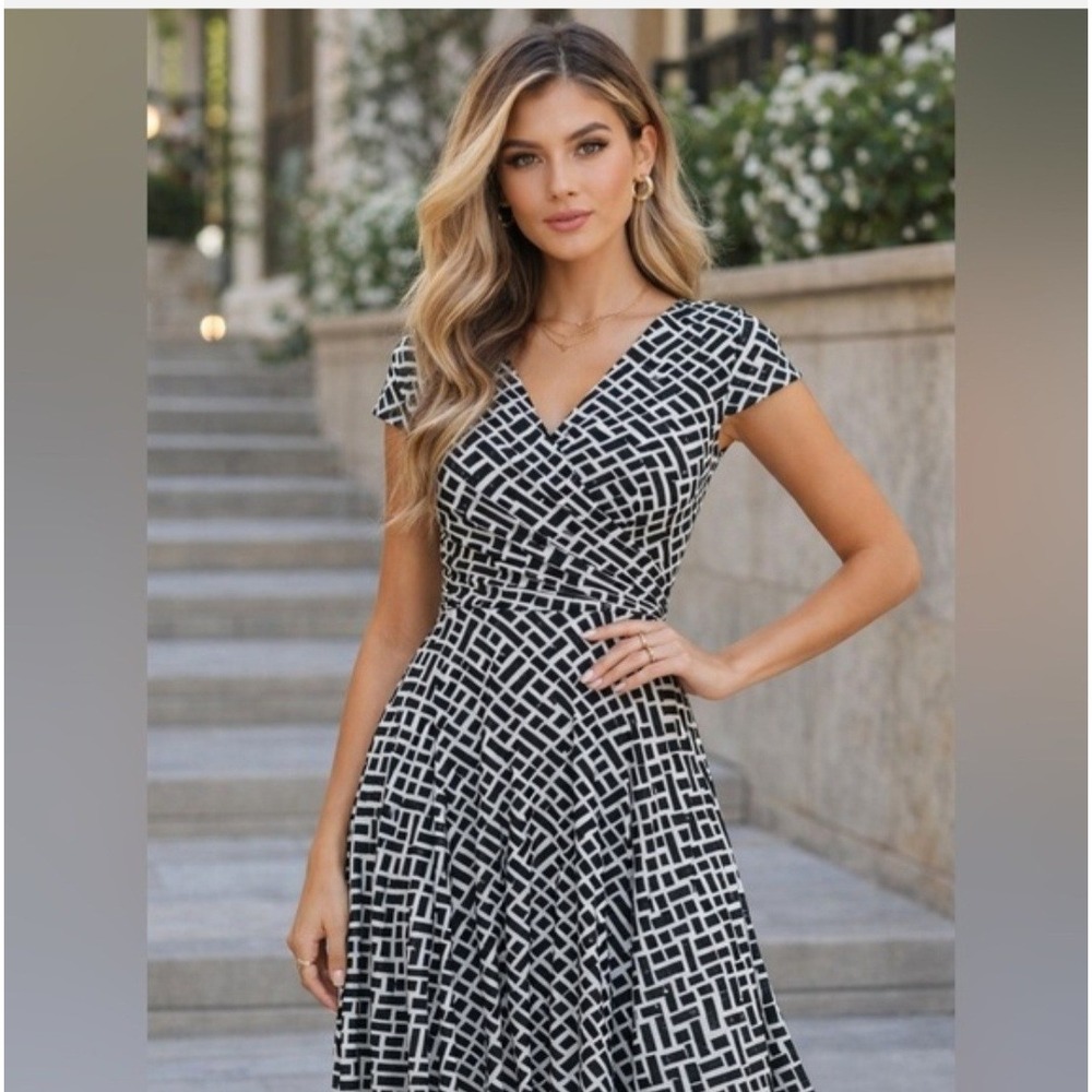 White House Black Market A-Line Faux Wrap Dress Black/White Geometric Womens 8